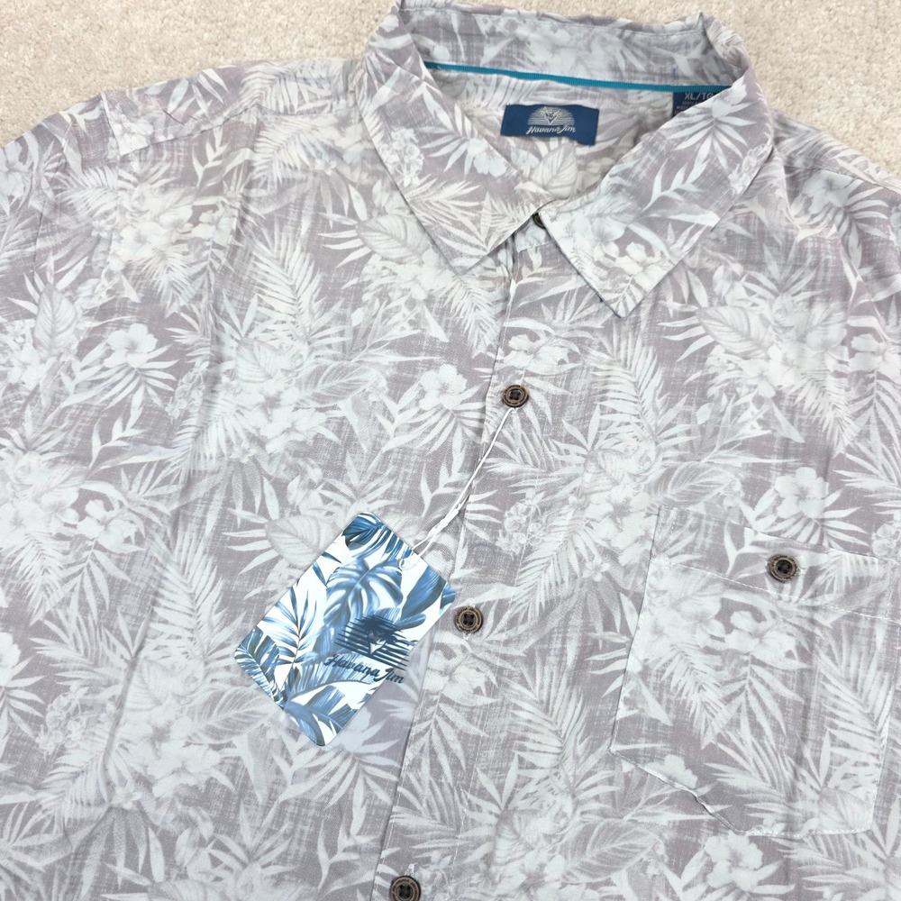 Havana Jim Button Up Hawaiian Shirt Mens XL Gray All-Over Tropical Floral NWT